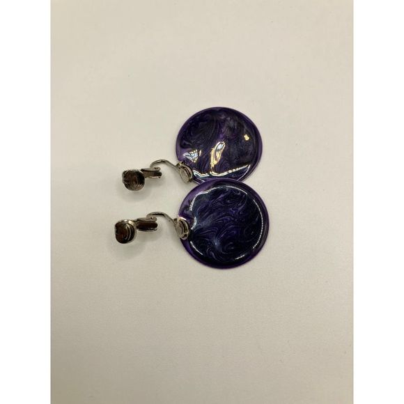 Purple Round Marble Clip-On Earrings Vintage! - Picture 6 of 11